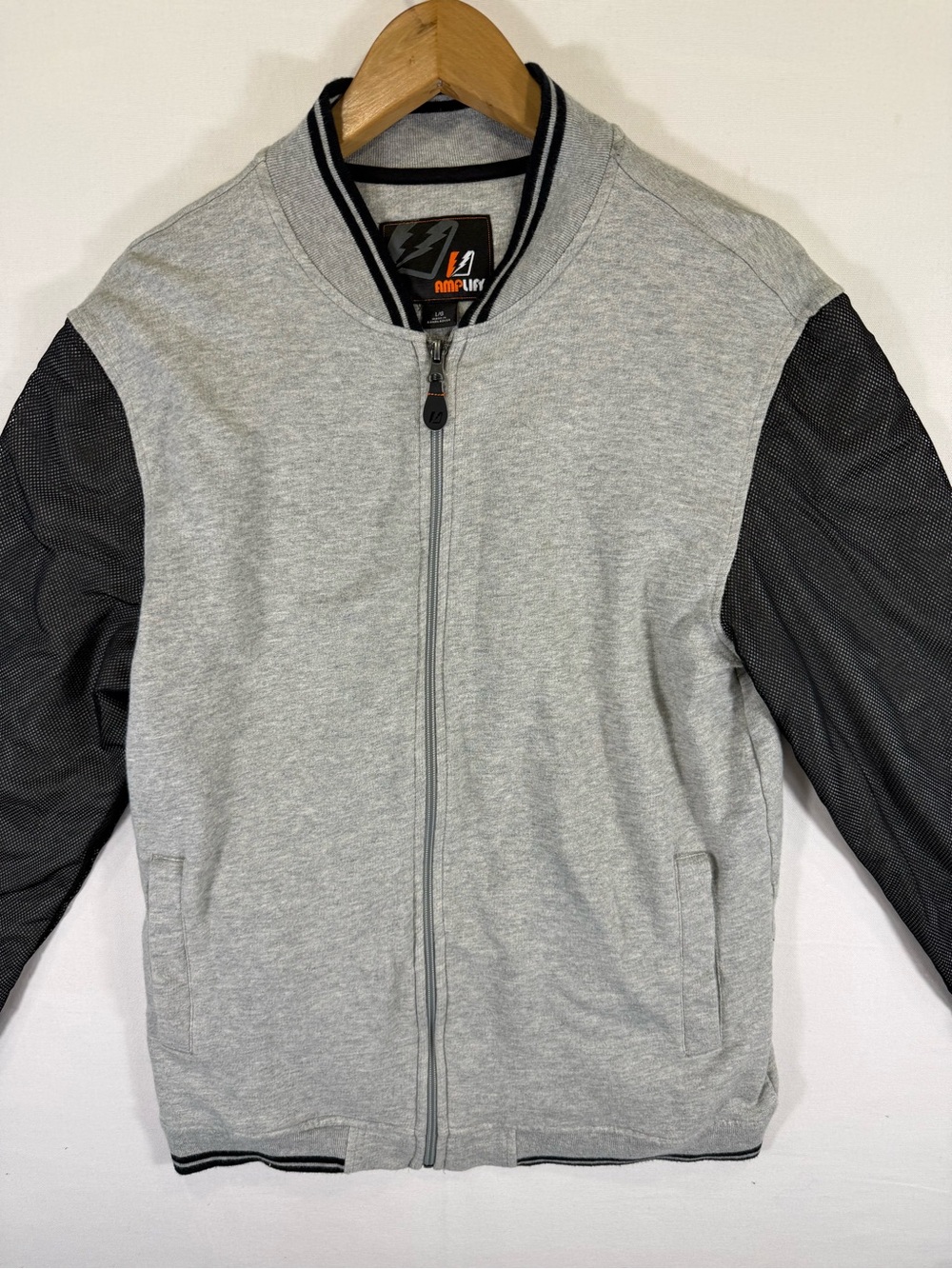 Amplify Men's Light Grey Zip-Up Sweater with Black Sleeves